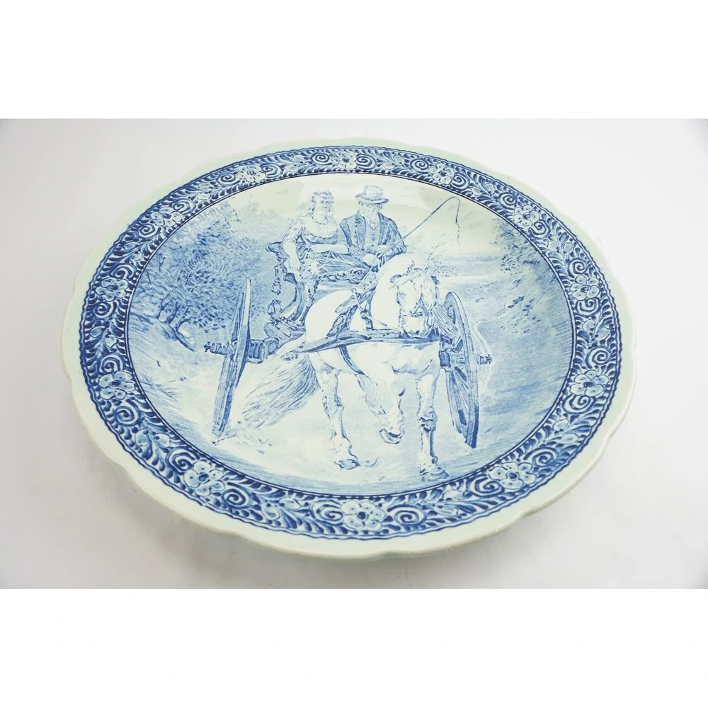 VGC Boch Freres Delfts Charger Plate Blue White Horse Carriage Scalloped Rim 16